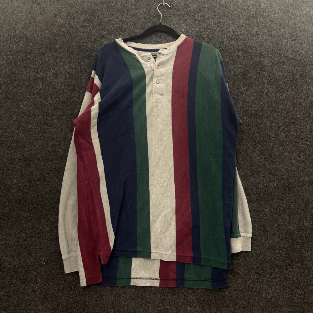 Preswick & Moore Mens Large Striped Henley Shirt Long Sleeve Cotton Pique Multi - Picture 1 of 7